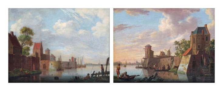 A river landscape with anglers on the river bank near a fortified town, and A river landscape with figures boarding a ferry from a town wall