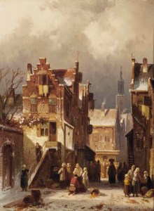 Vegetable sellers in a Dutch town in winter
