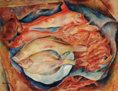 Still life with crab, red mullet, prawns, dabs and langoustine