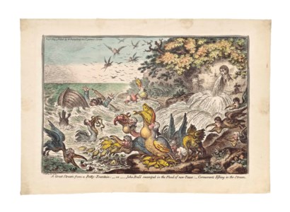 A great Stream from a Petty-Fountain, or John Bull swamped in the flood of new Taxes, Cormorants Fishing in the stream