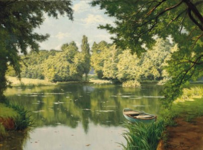 A boat moored on a tranquil lake