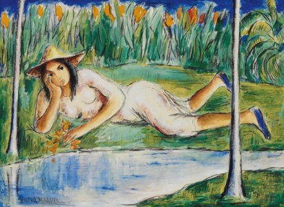 Muchacha reclinada junto al arroyo