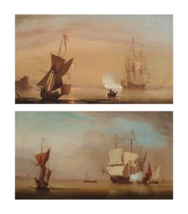 A two-decker announcing its departure from a fortified anchorage; and A Royal Navy two-decker saluting the departure of an Admiral (both illustrated)