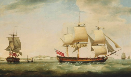 The merchantman Trelawney in two positions in the Channel off Dover