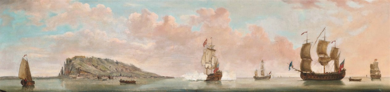 A Squadron of the Red arriving in the bay before Gibraltar, with the flagship firing a salute to alert the town and fortress beyond