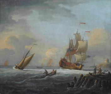 A man-o'war closing inshore, a castle on a headland beyond