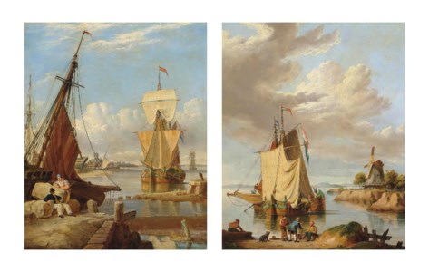 A Dutch galliot anchored off a low countries port with two figures conversing on the foreshore; and Two Dutch galliots drying their sails at the end of the day, figures and a dog in the foreground and a windmill beyond (both illustrated)