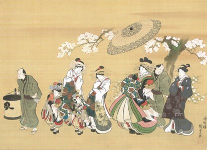 Courtesan on parade in the Yoshiwara with her attendants beneath cherry blossoms