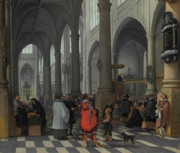 The interior of the Sint-Jacobskerk, Antwerp, with elegant figures and a mendicant, a service taking place beyond