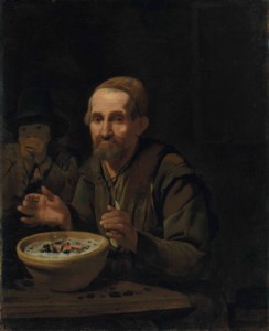 A beggar warming his hands on a pot of coal, with a boy in an interior