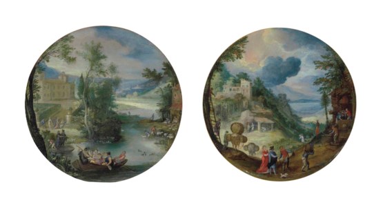 Autumn: A wooded landscape with apples being harvested in the foreground, a villa and lake beyond; and Spring: Elegantly dressed figures playing music in a rowboat in the foreground, with shepherds watering a flock of sheep and other figures merrymaking, a villa and town beyond