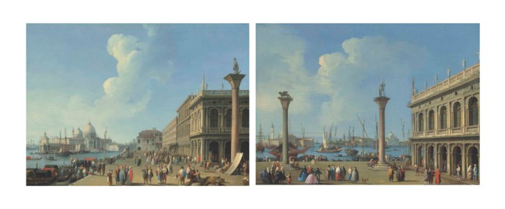 The Riva degli Schiavoni, Venice, with figures near the Libreria and column of Saint Theodore, the Punta della Dogana and Santa Maria della Salute beyond; and The Piazzetta San Marco, Venice, looking at the Molo, with the Libreria, the columns of Saints Mark and Theodore and figures conversing on the square