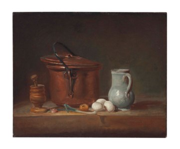 Jean Siméon Chardin, A copper saucepan, a pestle and mortar, a pitcher, a scallion, eggs and an onion on a shelf