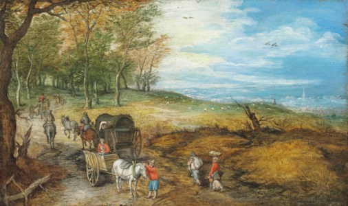 Travelers with carts and a wagon on a country road, a city beyond