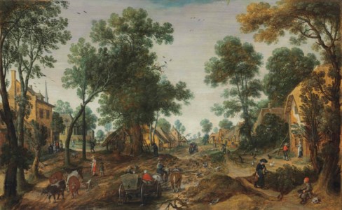 A village landscape with travelers in a horse-drawn carriage on a path