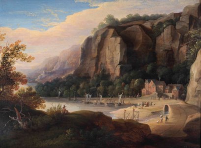 A rocky cove with fisherfolk on the shore, an artist sketching in the foreground