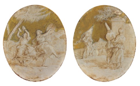 A baccanale with two women dancing in a landscape; and Pulcinella with two other figures from the commedia dell'arte in a landscape