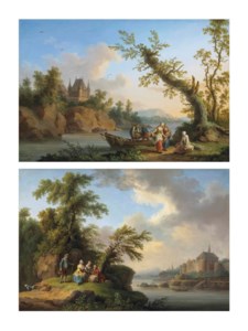 A wooded river landscape with figures unloading a rowing boat, a castle on the rocks beyond; and A wooded river landscape with figures resting on the bank, a fortified town beyond