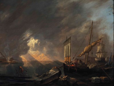 A Mediterranean coast at dawn with a galliot preparing to unload its cargo, a frigate being caulked beyond