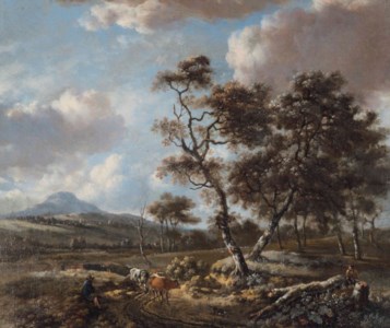Landscape with cattle being driven along a country road