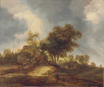 A wooded landscape with dunes and figures by a cottage
