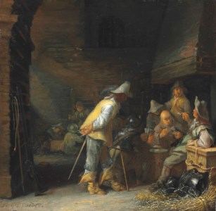 Soldiers playing cards and smoking in a barn