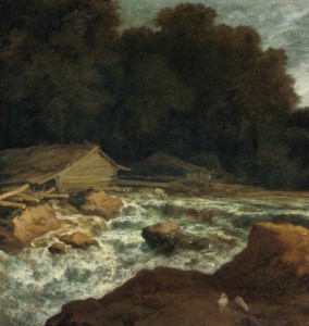 A wooded river landscape with a woodmill by a wier