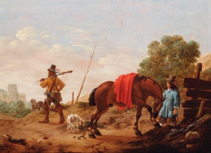 A landscape with huntsmen, a horse and dogs near a fence