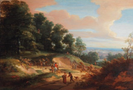 A wooded hillside with travellers passing a hunting party