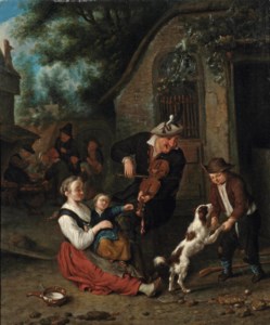 A violin player and other figures merrymaking outside an inn