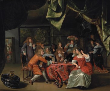 Elegantly dressed figures playing cards at a draped table in an interior