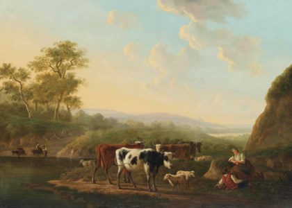 A hilly landscape with a shepherd couple and their cattle on a path