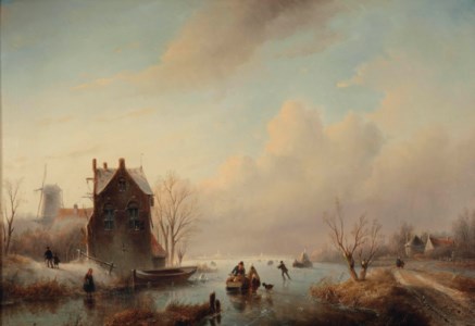A frozen waterway with figures, farmhouses and a windmill on the riverbank
