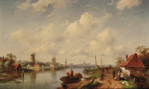 A river landscape with a rowing boat, villagers and two windmills