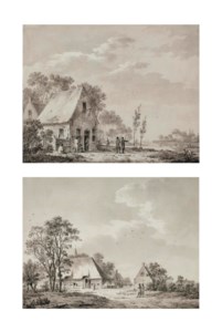 A summer landscape with a cottage and figures near a stream; and A landscape with a village and villagers
