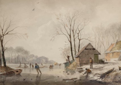 A winter landscape with figures skating on the ice