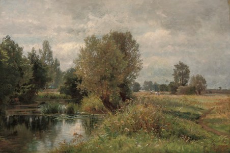 Harvesters by a lake
