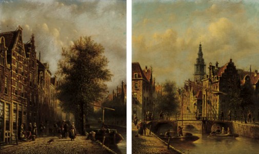 Before a bridge in Haarlem; and A busy street by a canal, Haarlem