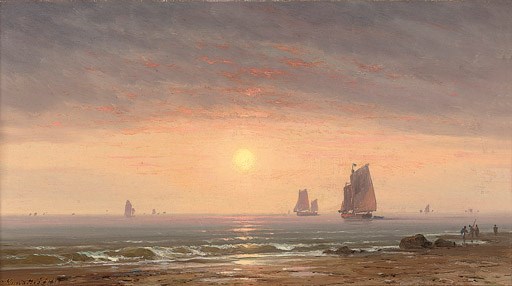 Fishing vessels off the coast at dusk