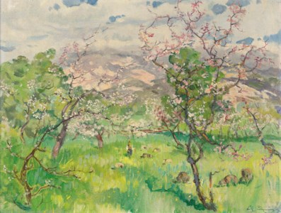 A shepherd and his flock in an orchard