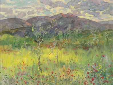 Poppy fields before the mountains