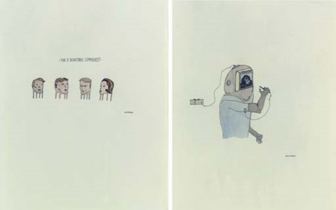 The 3 Beautiful Communists signed 'Marcel Dzama' (middle right edge) watercolor and ink on paper 12½ x 9¾ in. (31.8 x 24.8 cm.) Executed in 1997. The First One In Space signed 'Marcel Dzama' (lower right); titled and dated 'the first oNe in space 97' (on the reverse) watercolor and ink on paper 12½ x 9¾ in. (31.8 x 24.8 cm.) Executed in 1997. (2)
