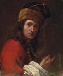 Portrait of a man, bust-length, in a red, fur-trimmed coat and black fur hat
