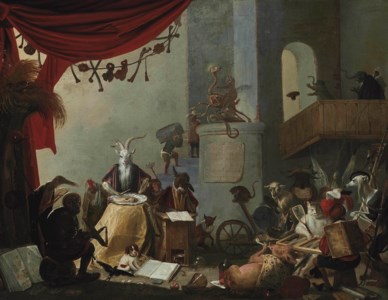 An interior with a goat eating an oyster, a donkey at a school desk, a cat playing tric-trac and other mythical creatures