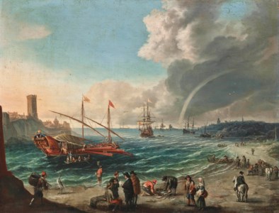 A Mediterranean harbour scene with a Spanish trading barge, figures on the beach and shipping beyond