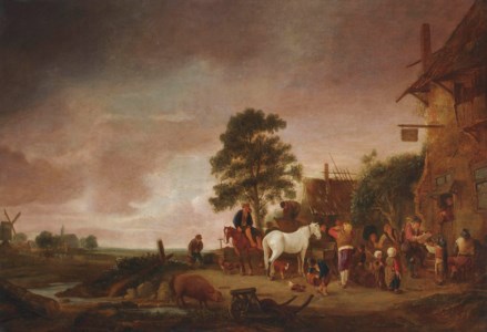 A village scene outside a tavern, with figures conversing, playing music and feeding their horses