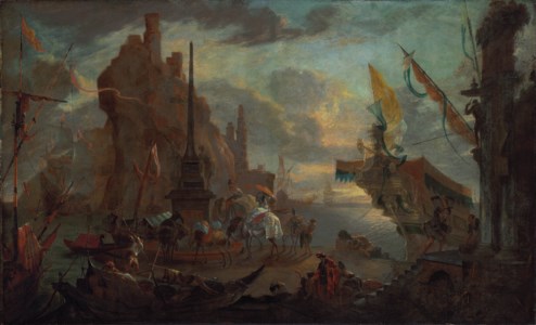 An oriental harbour with a fortress, a man-o'-war, figures unloading cargo, and other vessels beyond