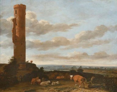 A shepherd with cattle and sheep by a tower in a panoramic landscape