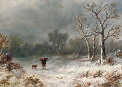 A villager and his dog in a winter landscape