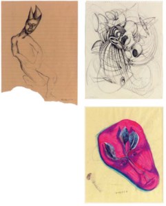 Drawing of Horned Man at 2,566,152 signed and dated 'Borofsky 77' (on the reverse) ink on ruled paper 10¾ x 8 in. (27.3 x 20.3 cm.) Drawn in 1977. Untitled at 2,491,332 ink and oil pastel on paper 14 x 11 in. (35.6 x 27.9 cm.) Drawn in 1981-1982. 2,794,133 Untitled signed and dated 'Borofsky 1981-82' (on the reverse) 14 x 11 in. ((35.6 x 27.9 cm.) Drawn in 1981-1982. (3)